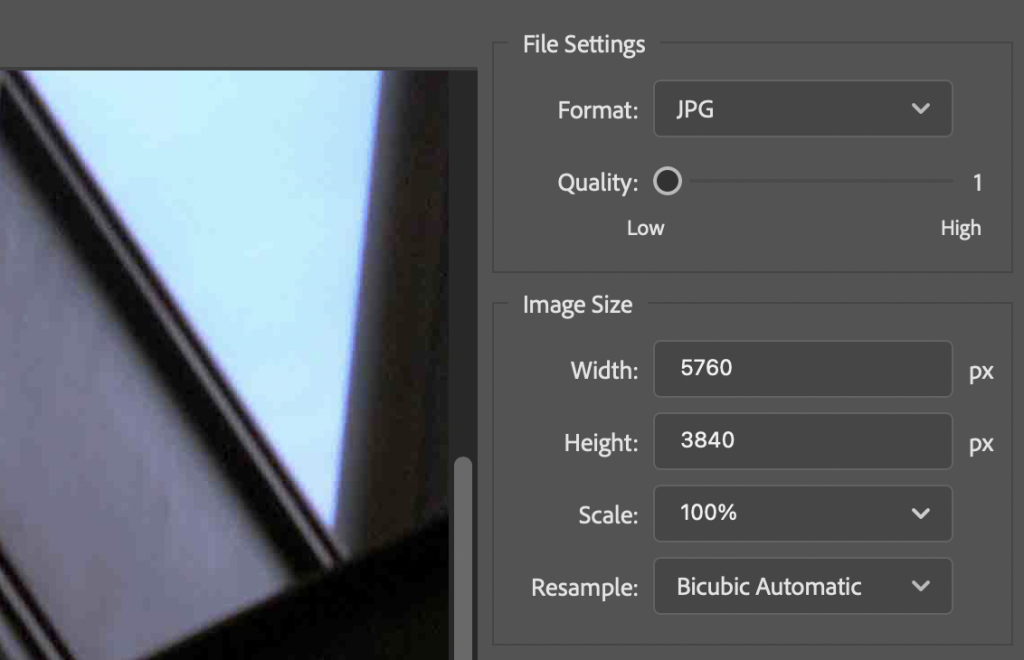 Screen capture showing the Export As JPEG Quality slider set to 1